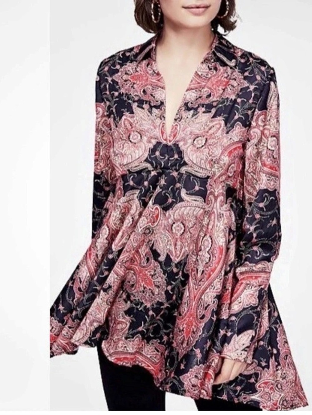 Free People Oversized Paisley Tunic in Black & Red - Large